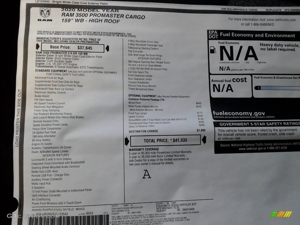 2020 Ram ProMaster 3500 High Roof Cargo Van Window Sticker Photos