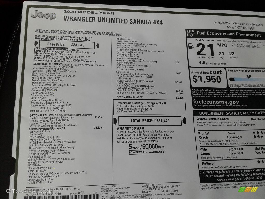 2020 Jeep Wrangler Unlimited Sahara 4x4 Window Sticker Photo #138640845