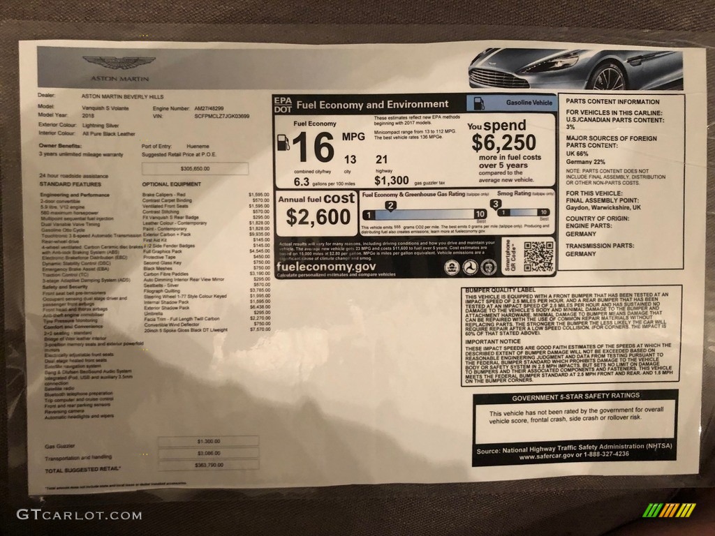 2018 Aston Martin Vanquish Volante S Window Sticker Photo #138644829