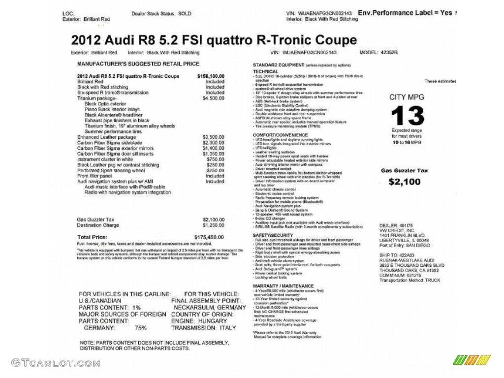 2012 Audi R8 5.2 FSI quattro Window Sticker Photos