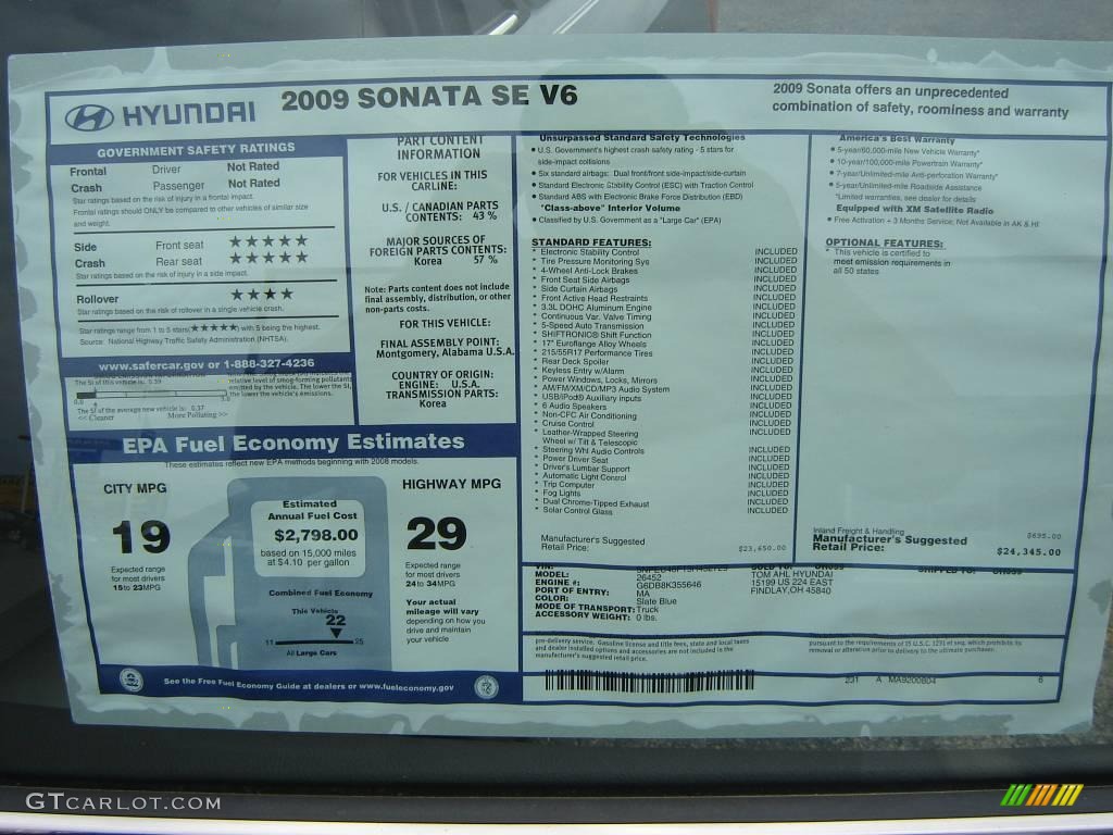 2009 Sonata SE V6 - Slate Blue / Gray photo #15