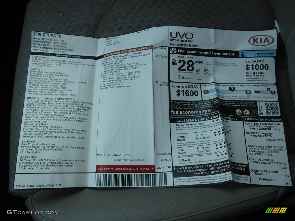 2016 Kia Optima EX Window Sticker Photo #138670530