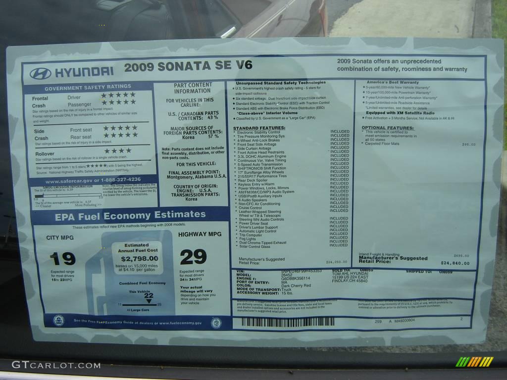 2009 Sonata SE V6 - Dark Cherry Red / Gray photo #14