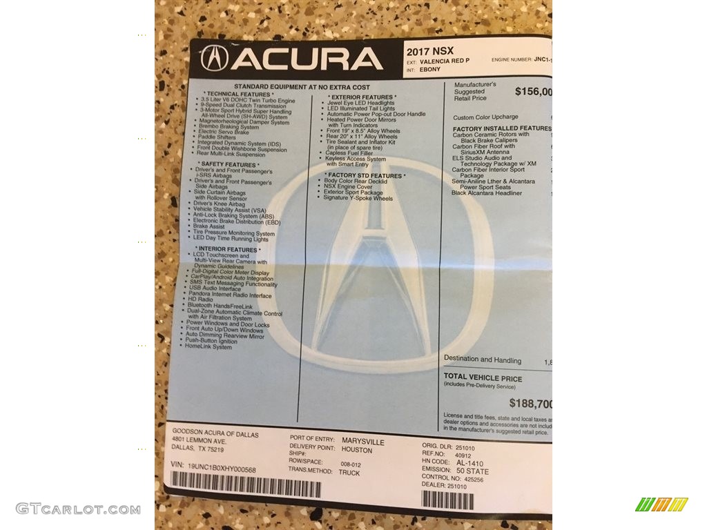 2017 Acura NSX Standard NSX Model Window Sticker Photos
