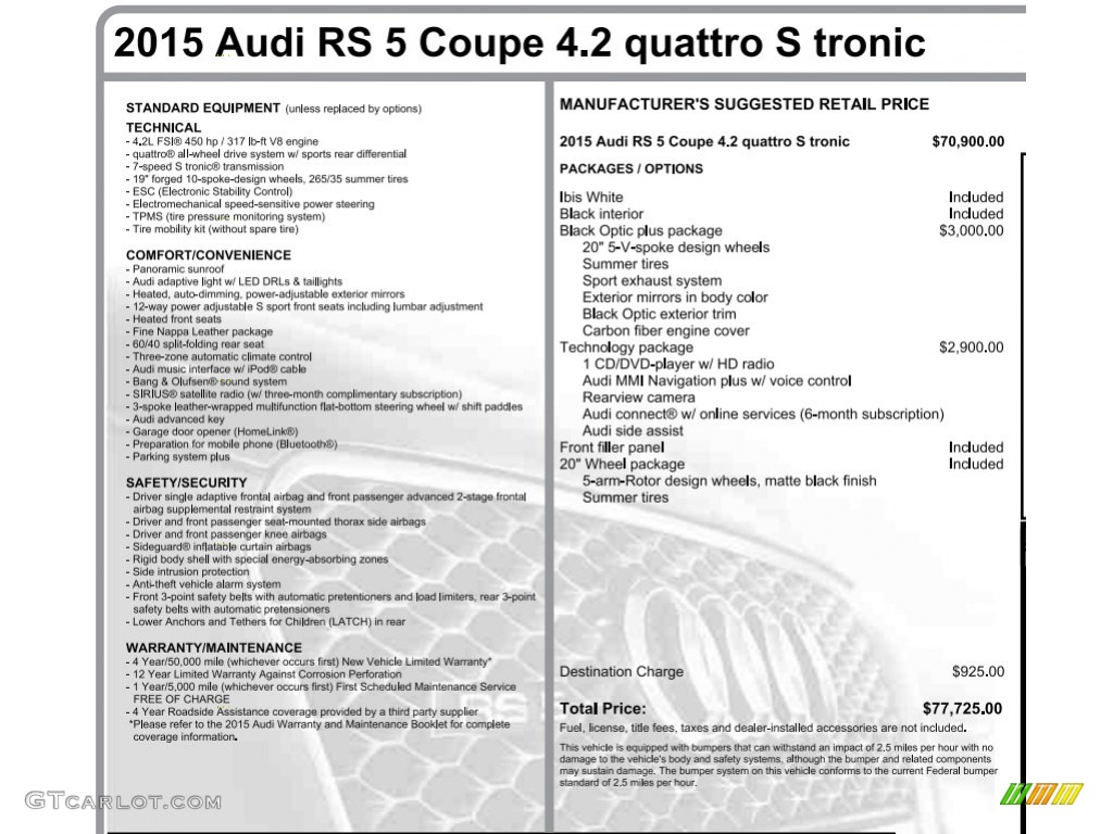 2015 Audi RS 5 Coupe quattro Window Sticker Photo #138716874
