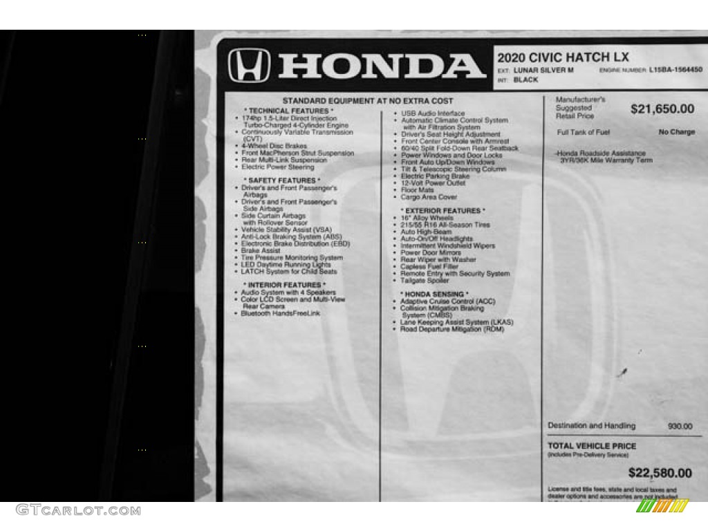 2020 Honda Civic LX Hatchback Window Sticker Photo #138718959