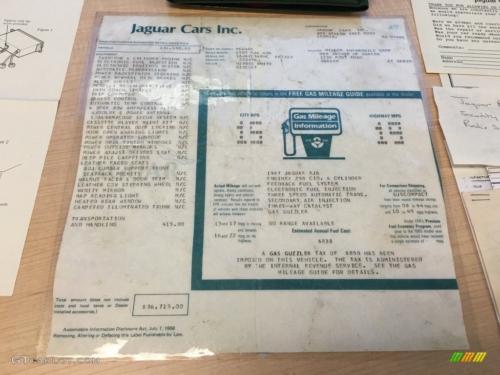 1987 Jaguar XJ XJ6 Window Sticker Photo #138725889