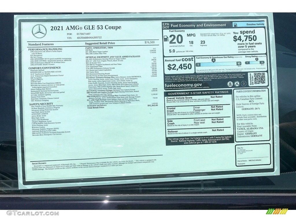 2021 Mercedes-Benz GLE 53 AMG 4Matic Coupe Window Sticker Photo #138771717
