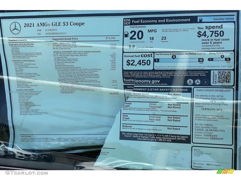 2021 Mercedes-Benz GLE 53 AMG 4Matic Coupe Window Sticker Photo #138771873