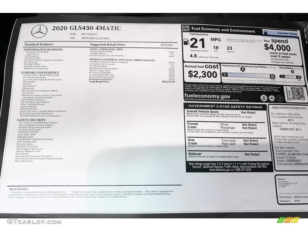 2020 Mercedes-Benz GLS 450 4Matic Window Sticker Photo #138777068