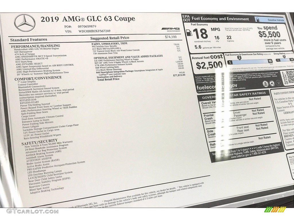 2019 Mercedes-Benz GLC AMG 63 4Matic Coupe Window Sticker Photos