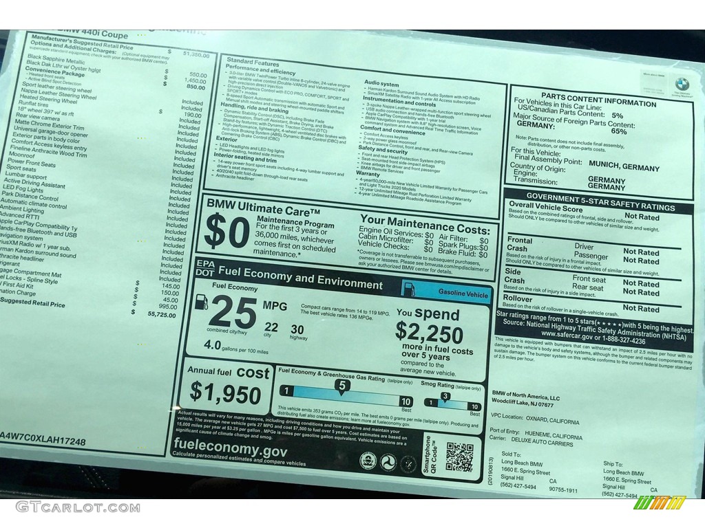 2020 BMW 4 Series 440i Coupe Window Sticker Photo #138794727
