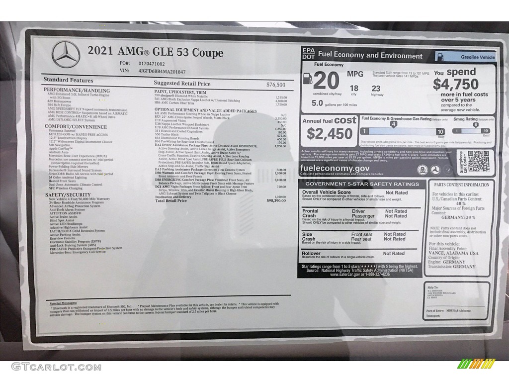 2021 Mercedes-Benz GLE 53 AMG 4Matic Coupe Window Sticker Photo #138816368