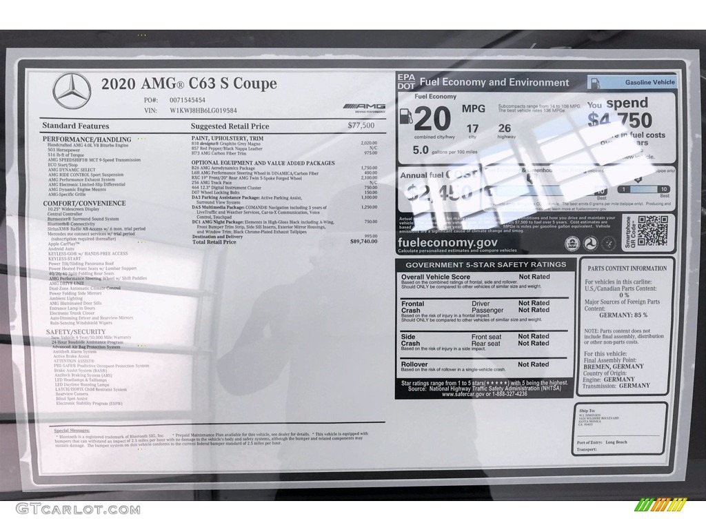 2020 Mercedes-Benz C AMG 63 S Coupe Window Sticker Photo #138820592