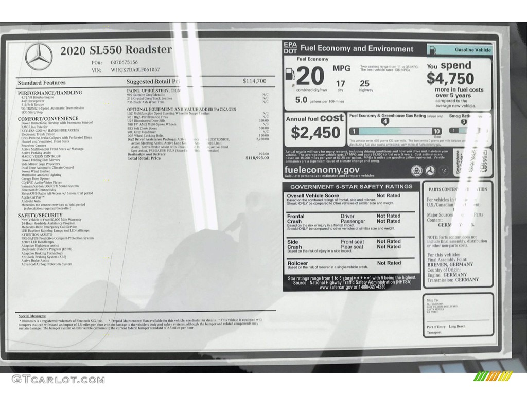 2020 Mercedes-Benz SL 550 Roadster Window Sticker Photo #138825290