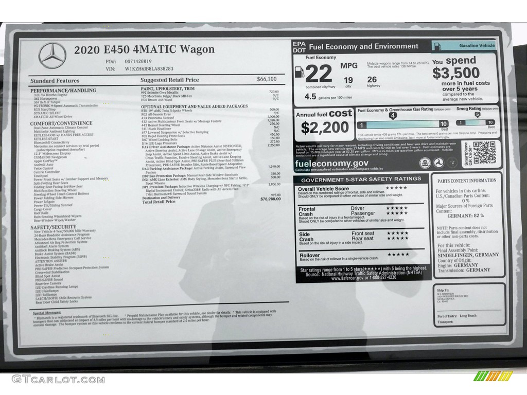2020 Mercedes-Benz E 450 4Matic Wagon Window Sticker Photo #138826496