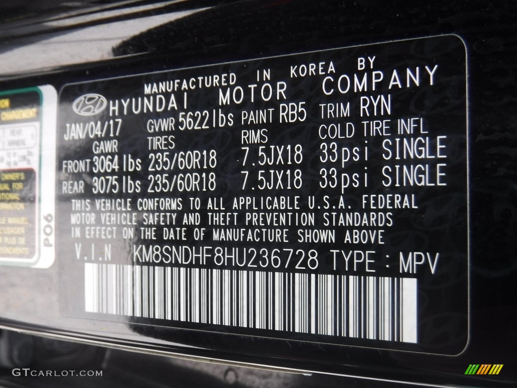 2017 Hyundai Santa Fe SE AWD Color Code Photos