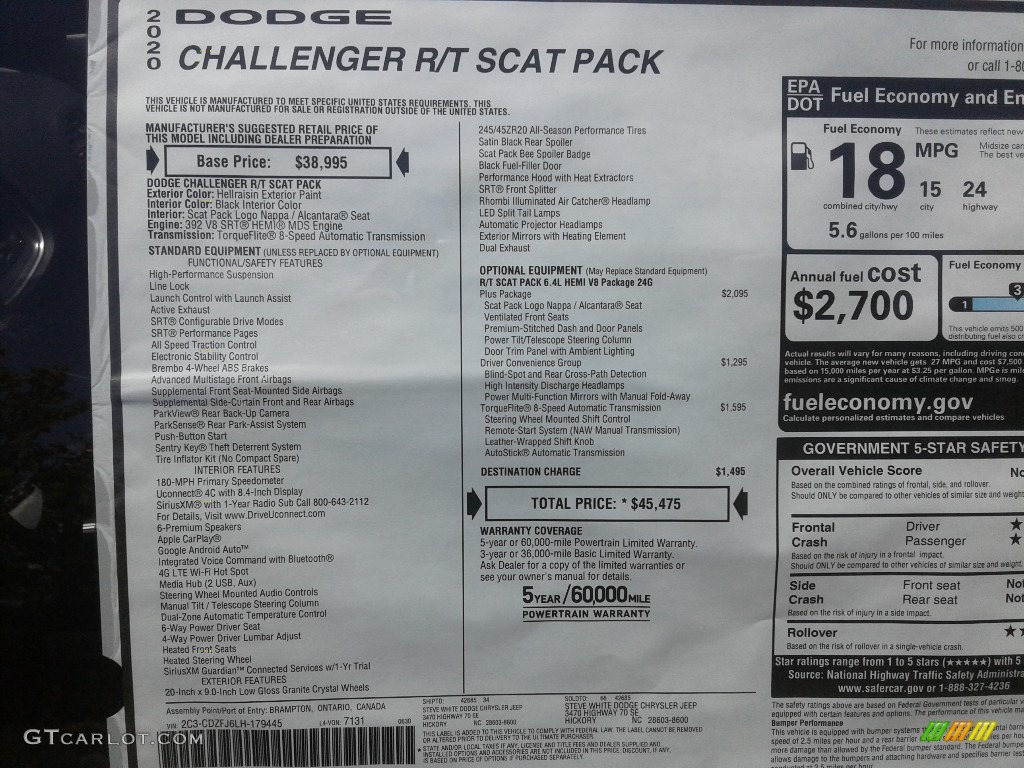 2020 Dodge Challenger R/T Scat Pack Window Sticker Photo #138871235