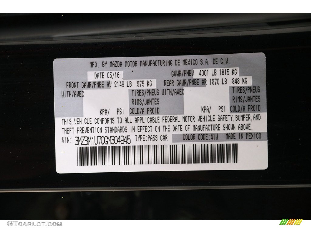 2016 MAZDA3 Color Code 41W for Jet Black Mica Photo #138874607