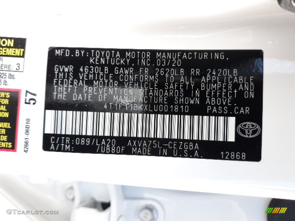 2020 Camry Color Code 089 for Platinum White Pearl Photo #138883829