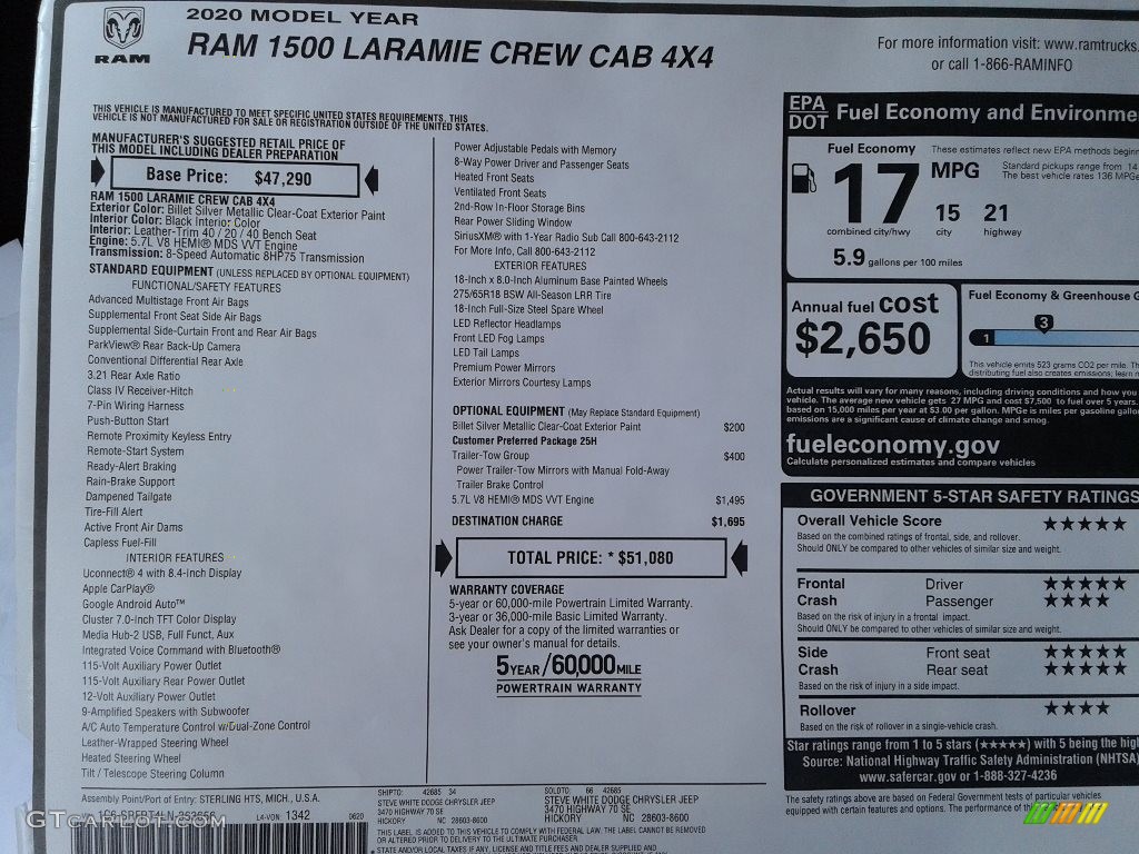 2020 Ram 1500 Laramie Crew Cab 4x4 Window Sticker Photo #138891395