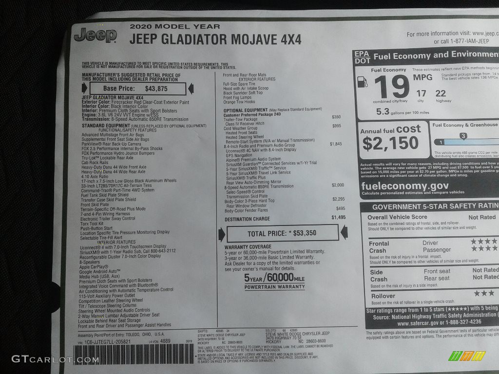 2020 Jeep Gladiator Mojave 4x4 Window Sticker Photo #138892076