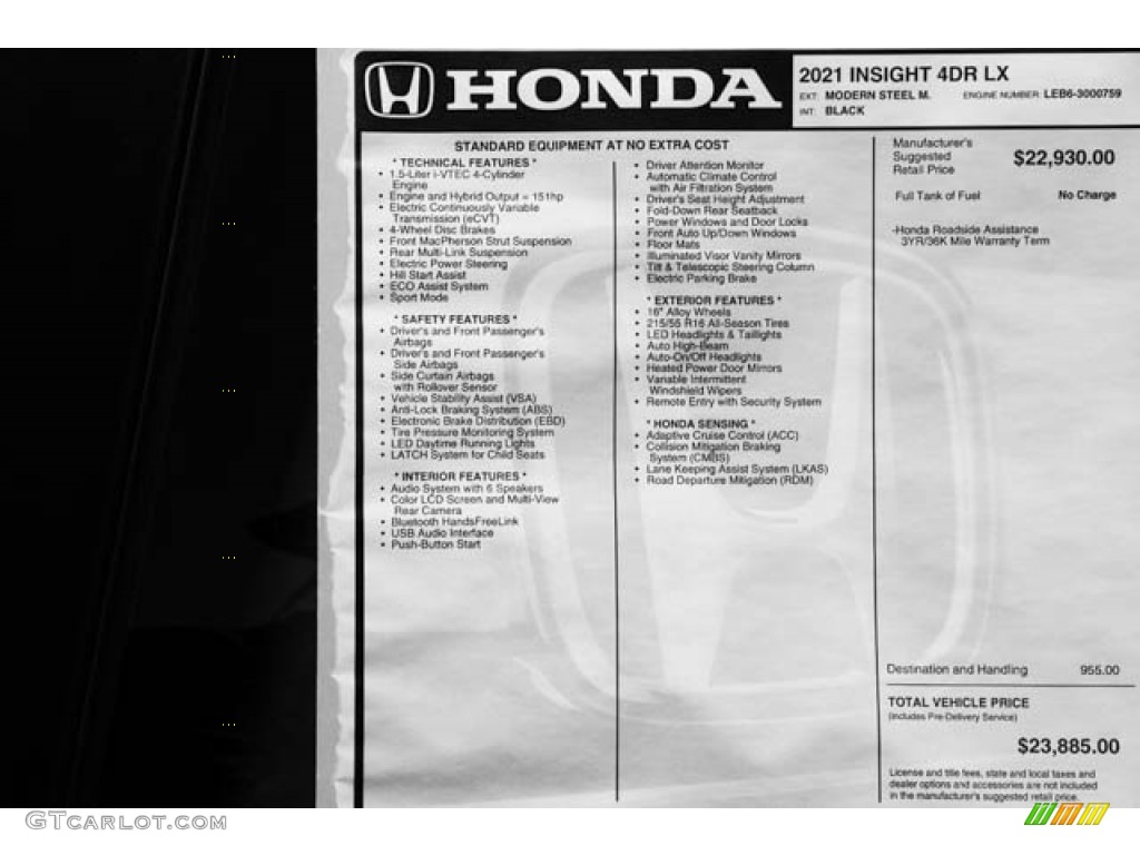 2021 Honda Insight LX Window Sticker Photos