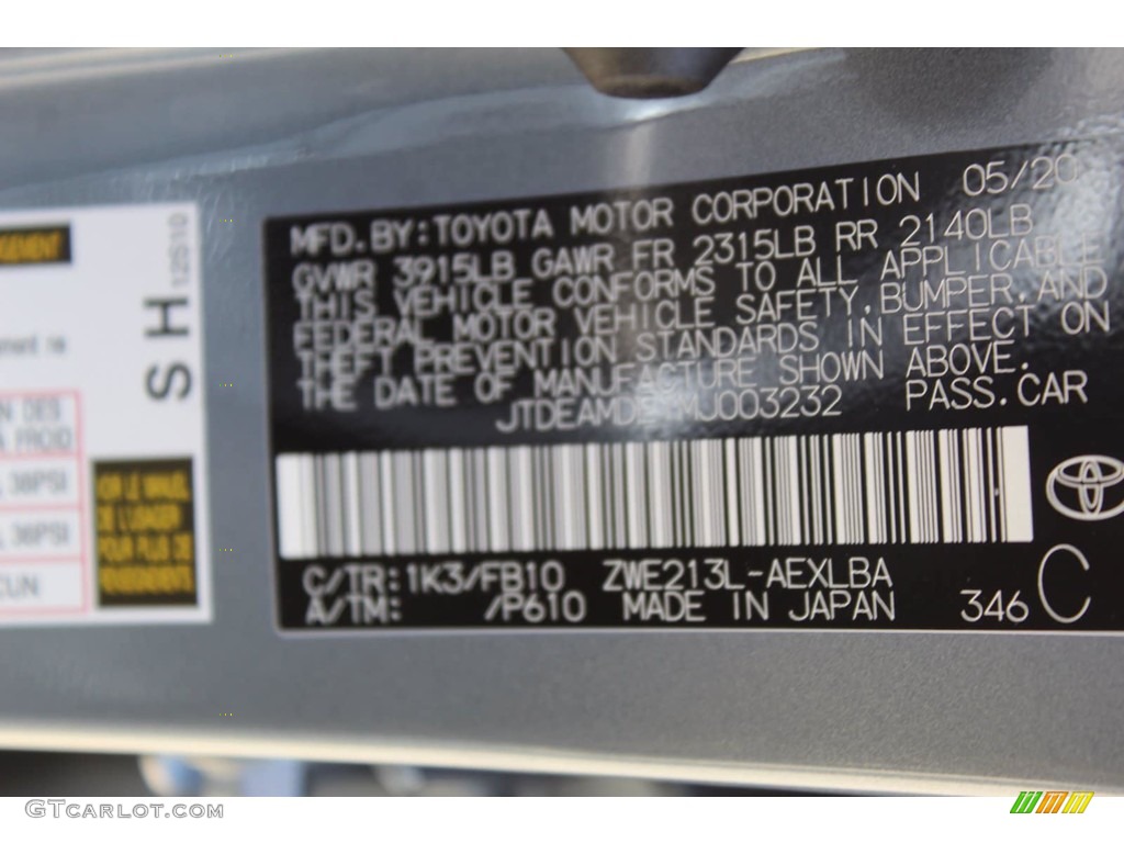 2021 Corolla Color Code 1K3 for Celestite Gray Metallic Photo #138907577