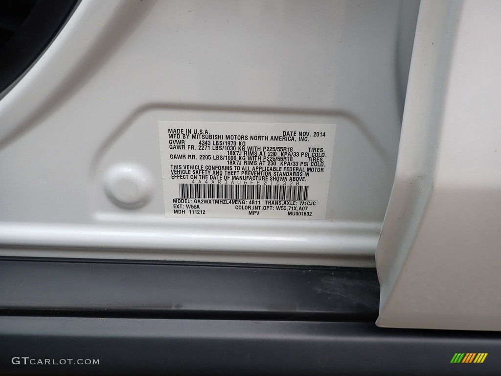 2015 Outlander Sport Color Code W55 for White Photo #138916547
