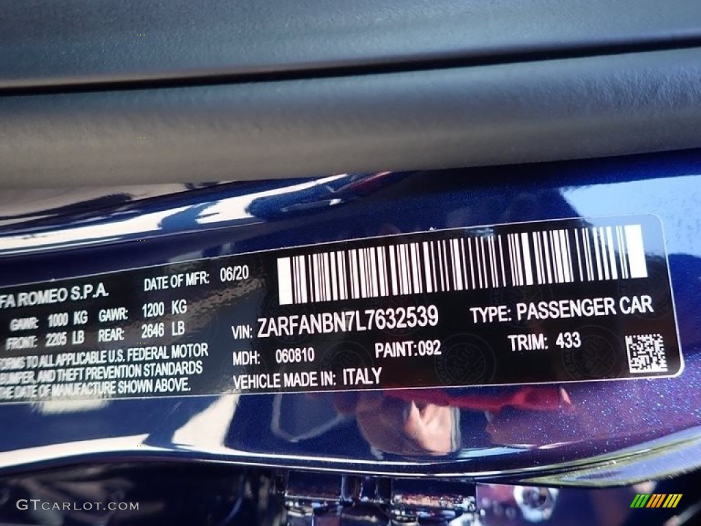 2020 Giulia Color Code 092 for Montecarlo Blue Metallic Photo #138941183