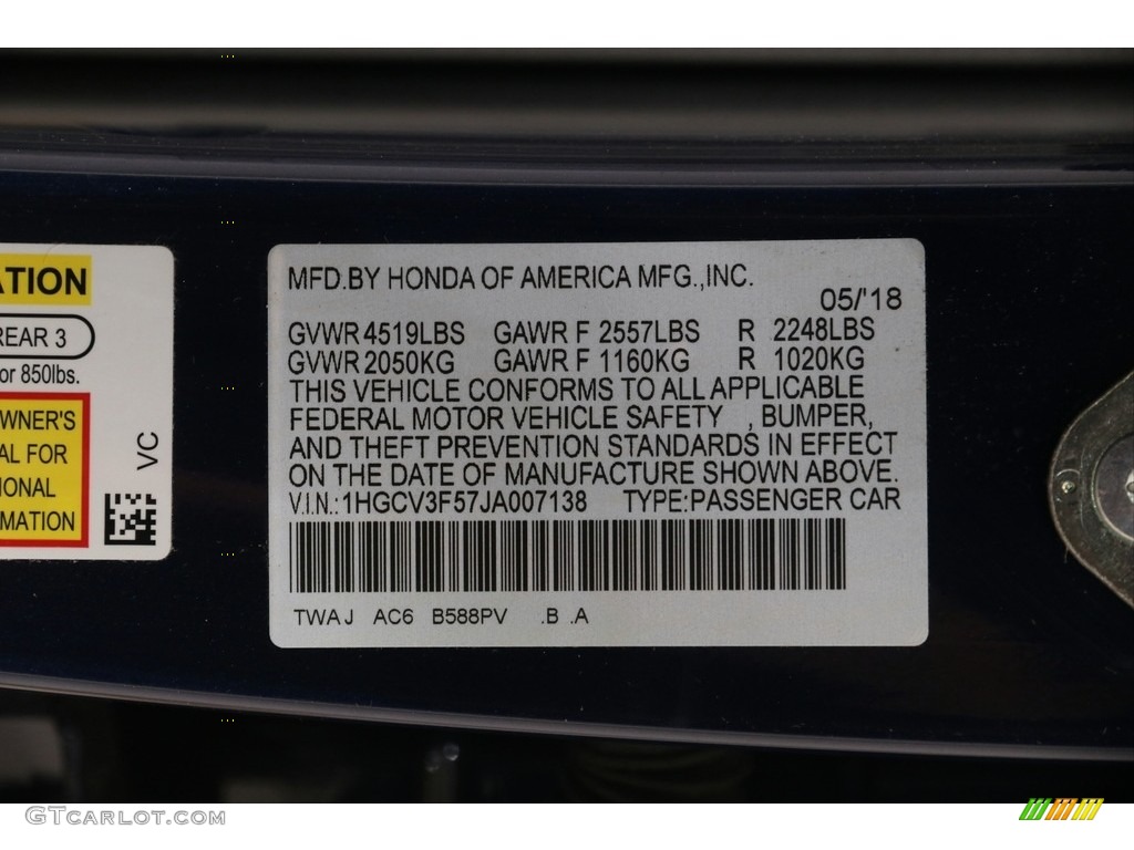 2018 Accord Color Code B588PV for Obsidian Blue Pearl Photo #138964359