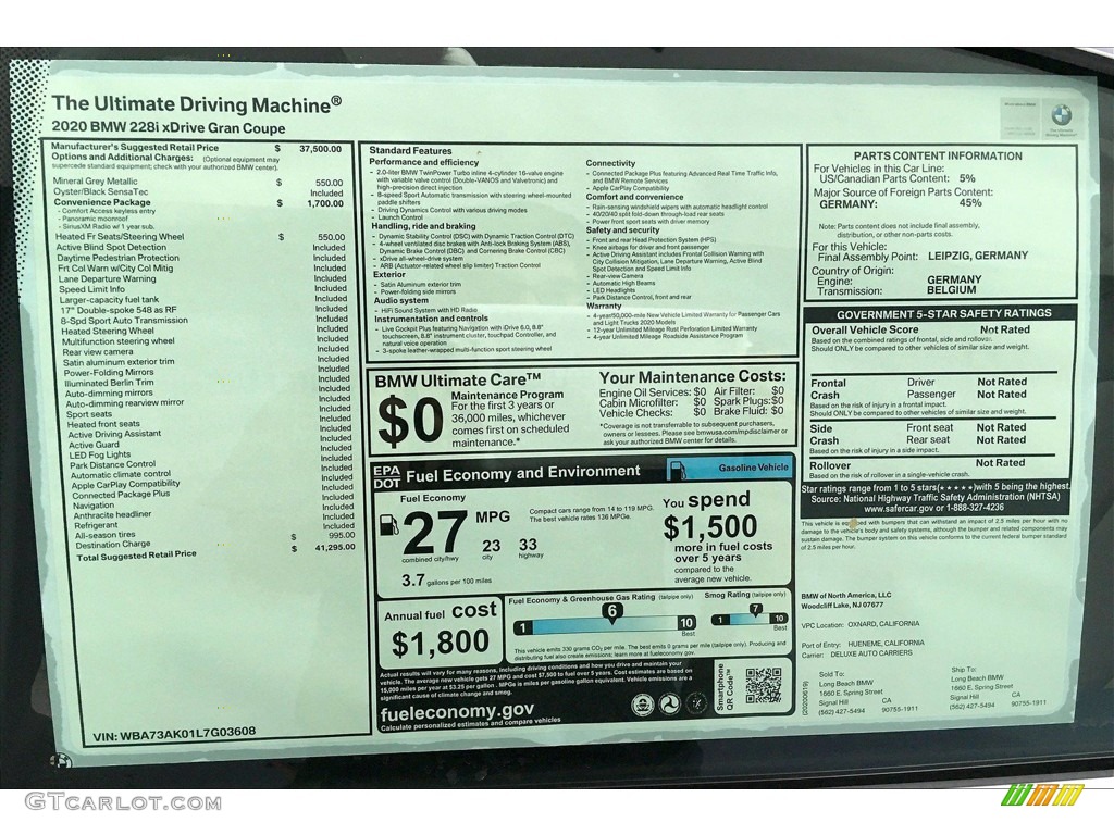 2020 BMW 2 Series 228i xDrive Gran Coupe Window Sticker Photo #138965934