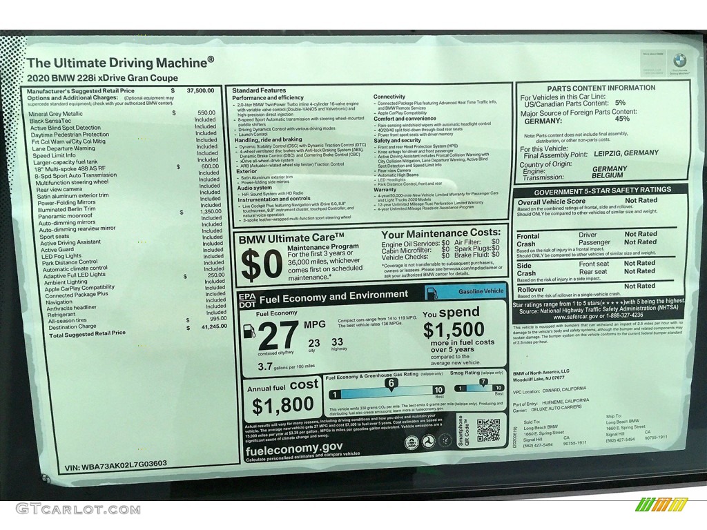 2020 BMW 2 Series 228i xDrive Gran Coupe Window Sticker Photo #138966411
