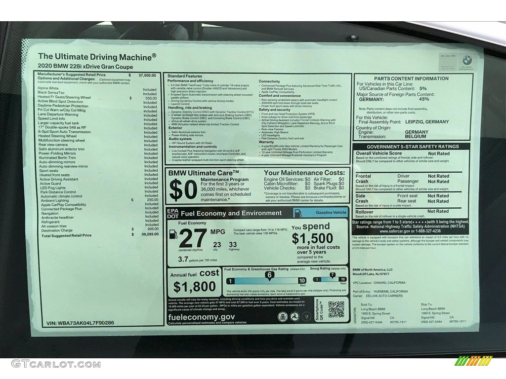 2020 BMW 2 Series 228i xDrive Gran Coupe Window Sticker Photos