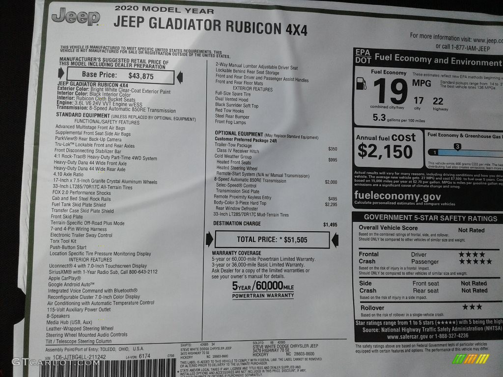 2020 Gladiator Rubicon 4x4 - Bright White / Black photo #30