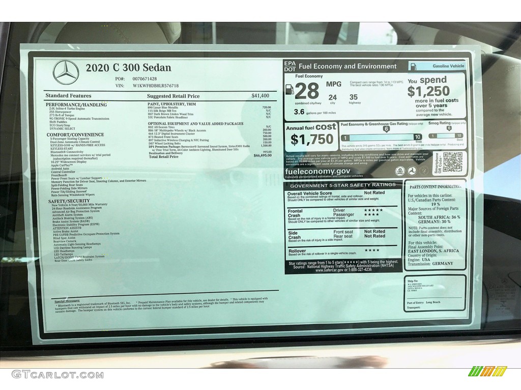 2020 Mercedes-Benz C 300 Sedan Window Sticker Photo #138989357