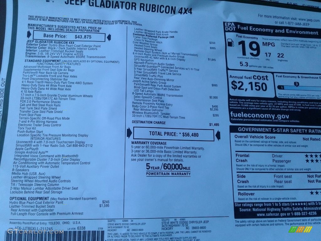 2020 Gladiator Rubicon 4x4 - Hydro Blue Pearl / Black/Dark Saddle photo #29