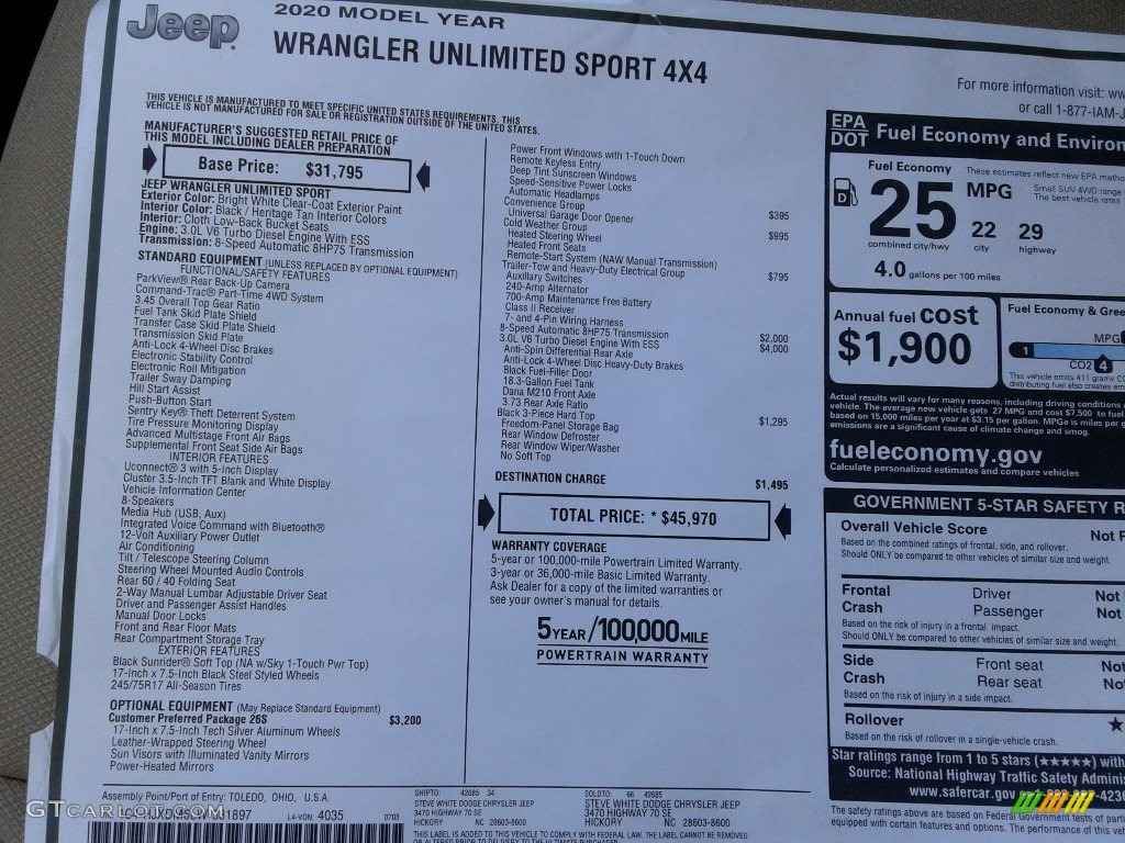 2020 Jeep Wrangler Unlimited Sport 4x4 Window Sticker Photos