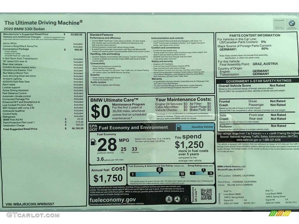 2020 5 Series 530i Sedan - Alpine White / Canberra Beige/Black photo #17