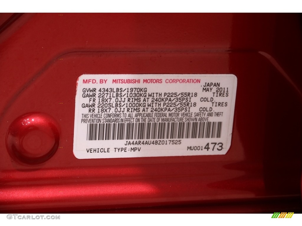 2011 Outlander Sport SE 4WD - Rally Red Metallic / Black photo #18