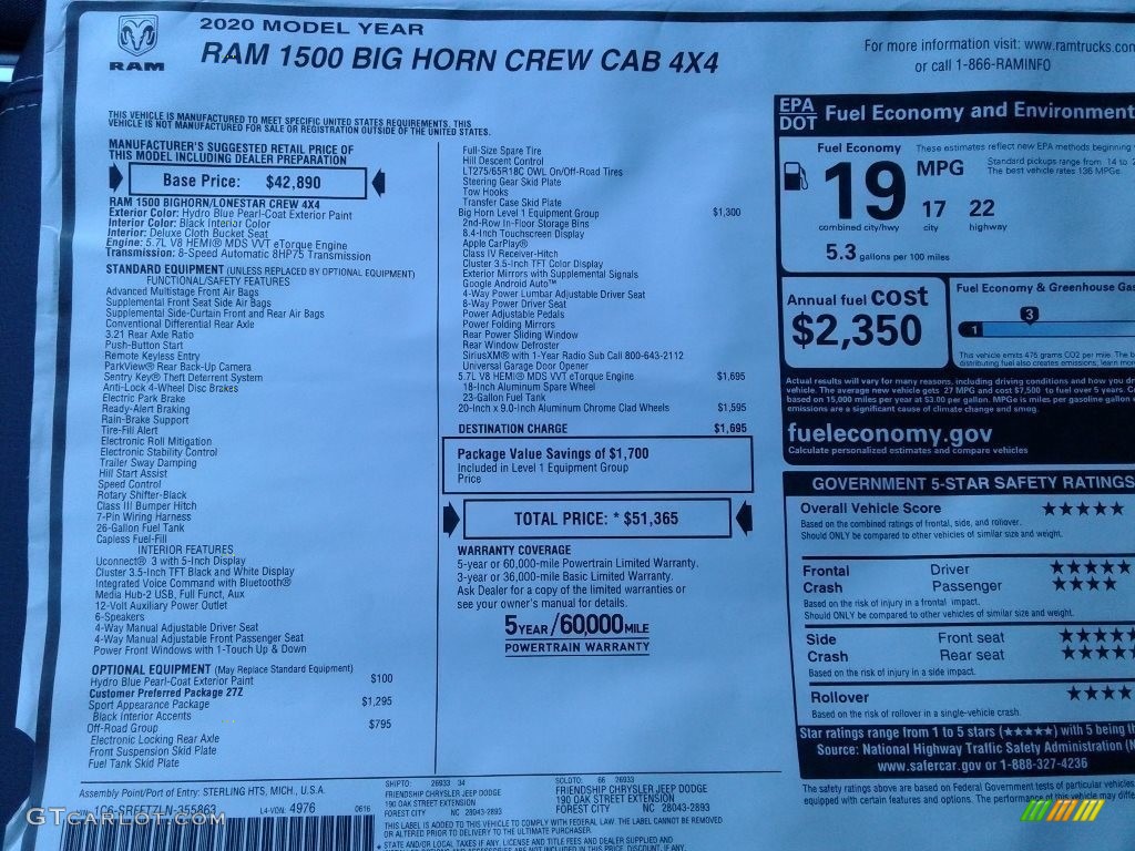 2020 Ram 1500 Big Horn Crew Cab 4x4 Window Sticker Photo #139013712