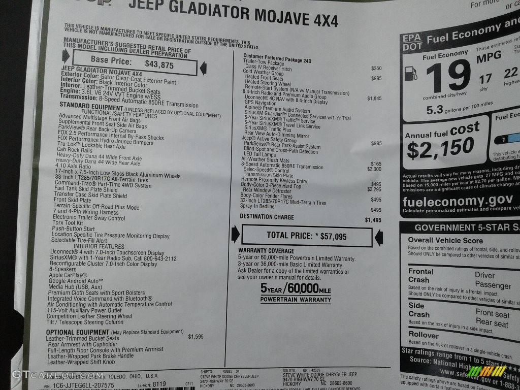 2020 Jeep Gladiator Mojave 4x4 Window Sticker Photo #139045372