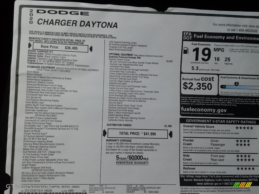 2020 Dodge Charger Daytona Window Sticker Photo #139046815