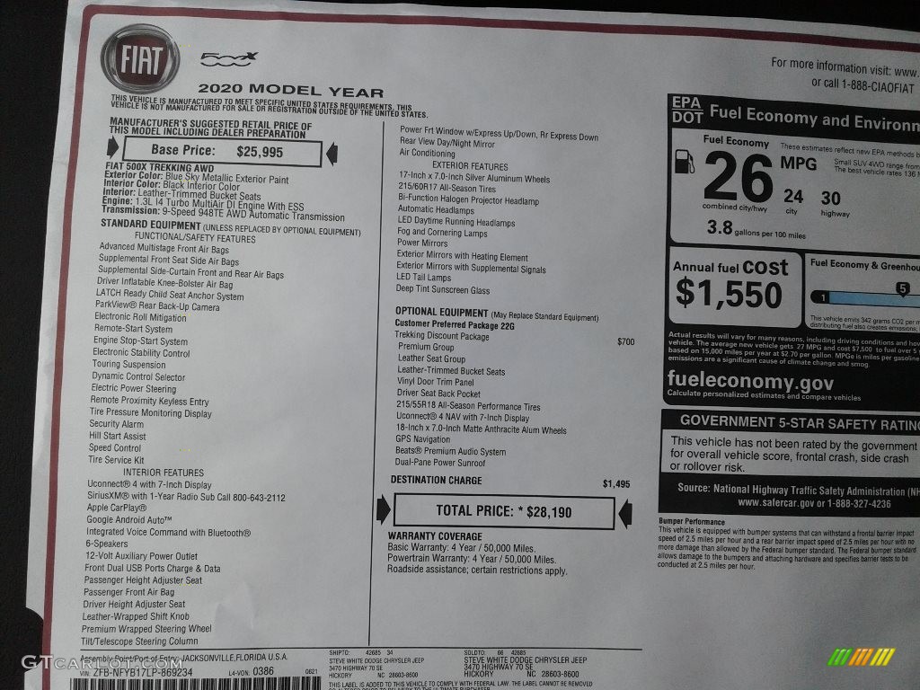 2020 Fiat 500X Trekking AWD Window Sticker Photo #139048261