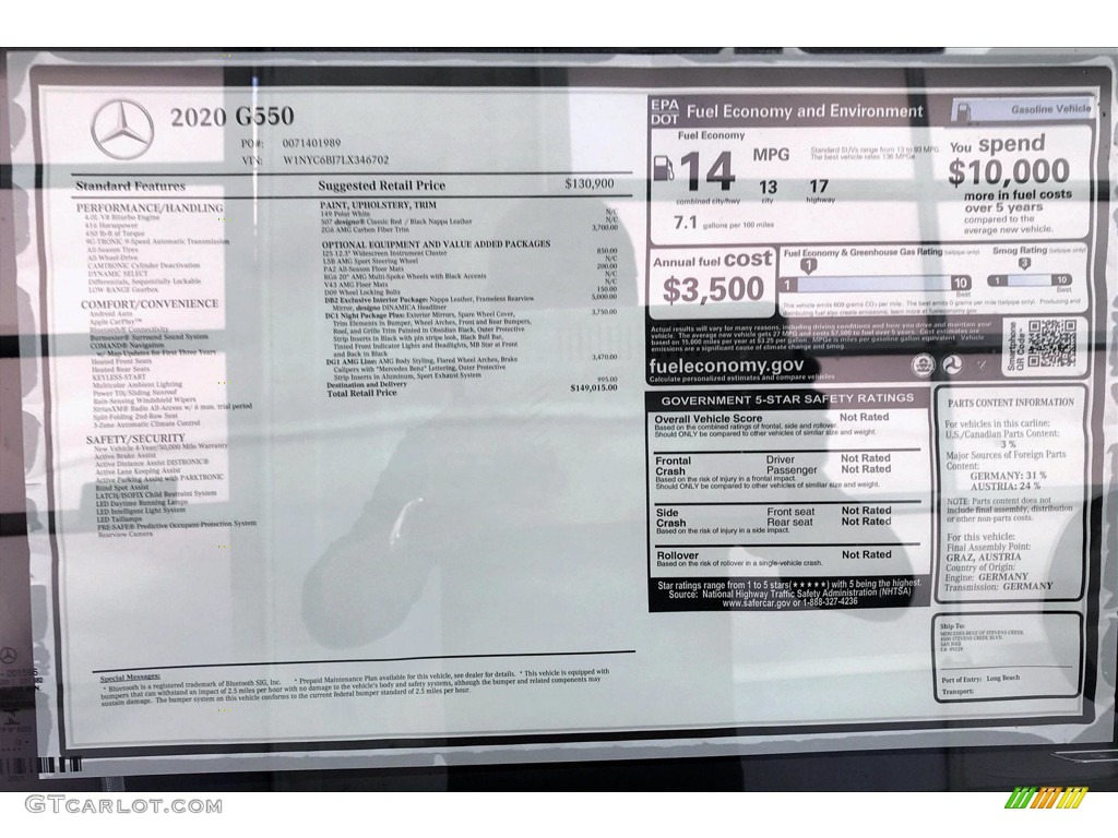 2020 Mercedes-Benz G 550 Window Sticker Photo #139085026