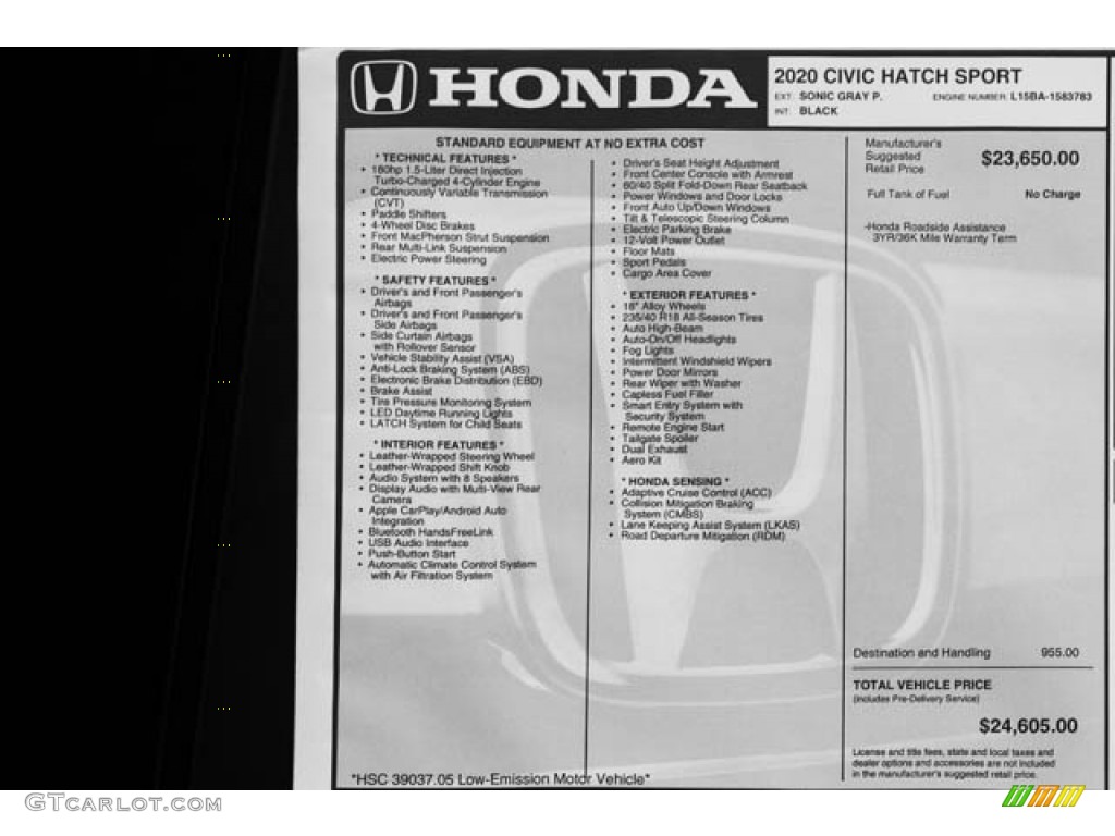 2020 Civic Sport Hatchback - Sonic Gray Pearl / Black photo #36