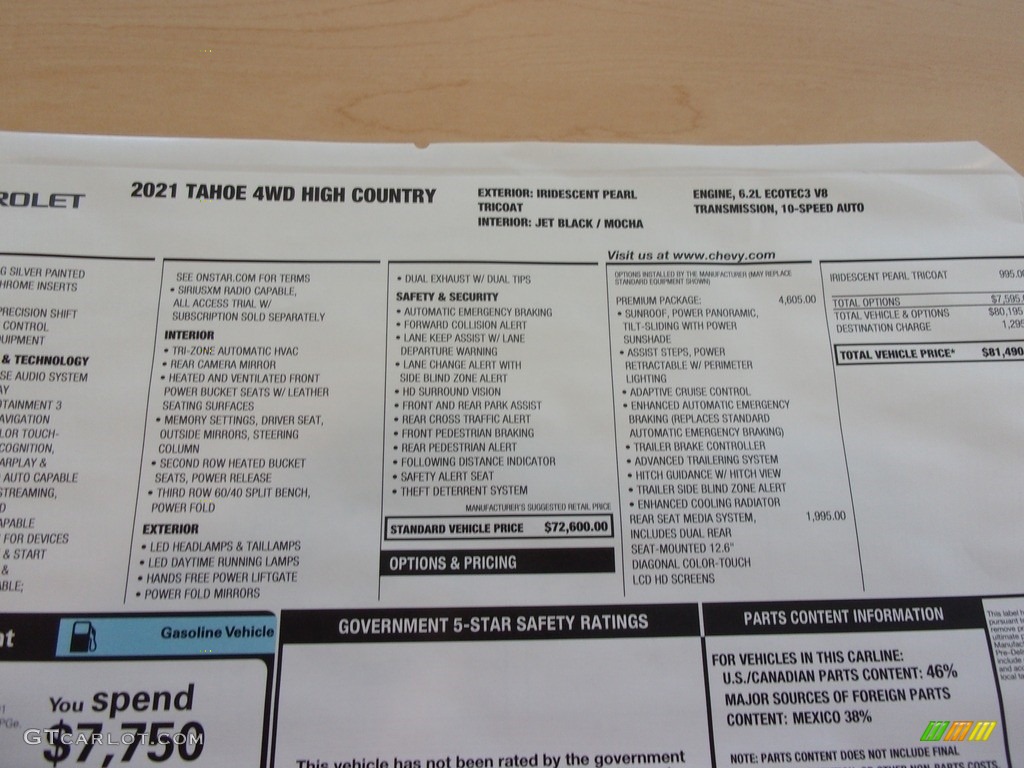 2021 Chevrolet Tahoe High Country 4WD Window Sticker Photo #139087198