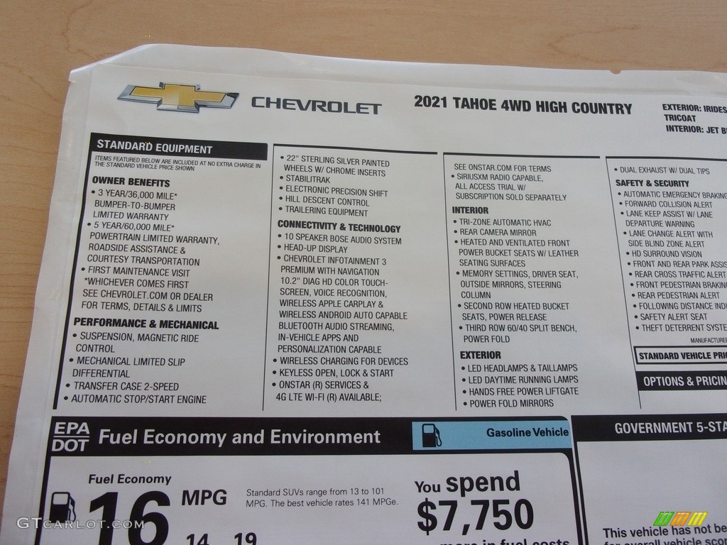 2021 Chevrolet Tahoe High Country 4WD Window Sticker Photo #139087218