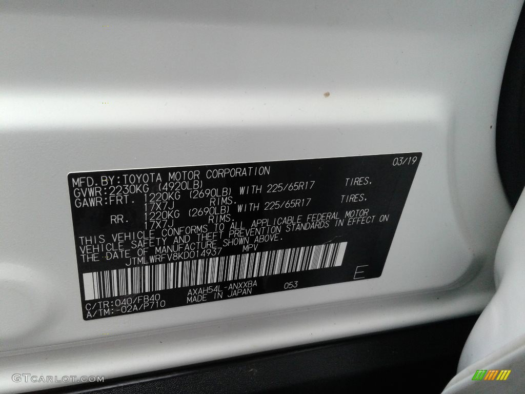 2019 RAV4 Color Code 040 for Super White Photo #139104603