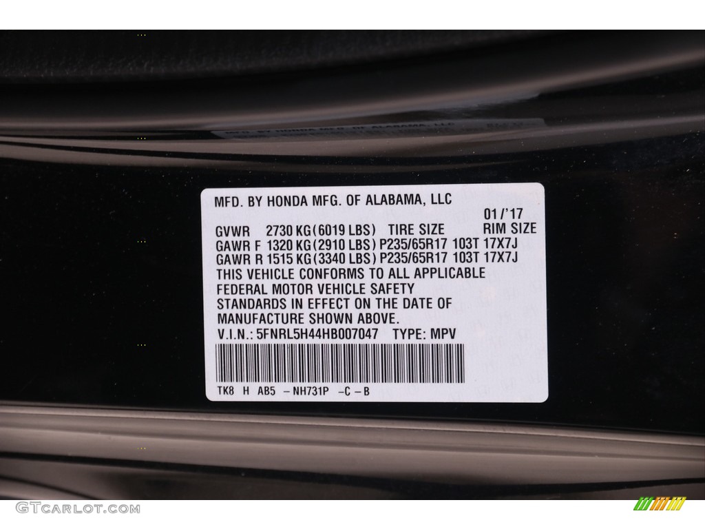 2017 Honda Odyssey EX Color Code Photos